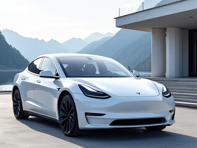 Hvit Tesla Model S parkert elegant foran et moderne festlokale, med diskret dekor i form av hvite sløyfer.