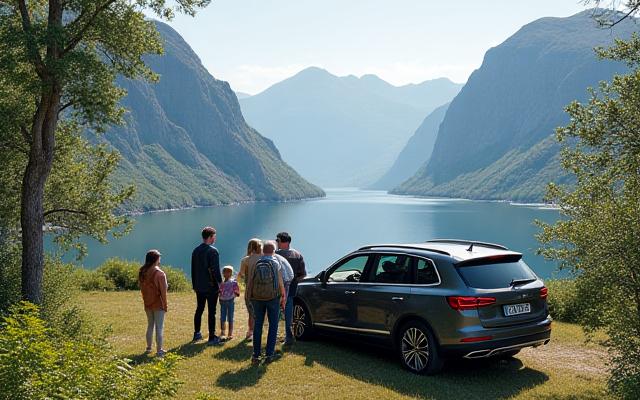 Familie pakker inn i en romslig SUV for en utflukt i norsk natur