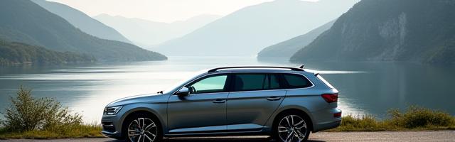 Mellomstor personbil parkert ved en innsjø