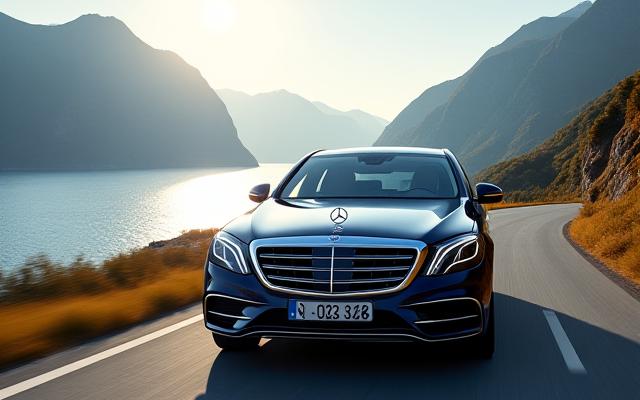 Elegant Mercedes-Benz S-Klasse på en kystvei