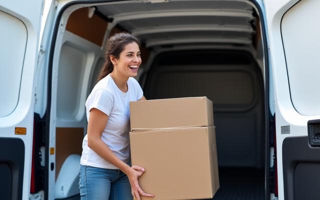 Person laster enkelt en eske inn i en moderne varebil