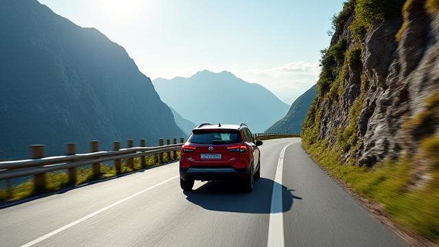 Kompakt SUV (f.eks. Toyota Yaris Cross) kjører på en svingete vei i norske fjell