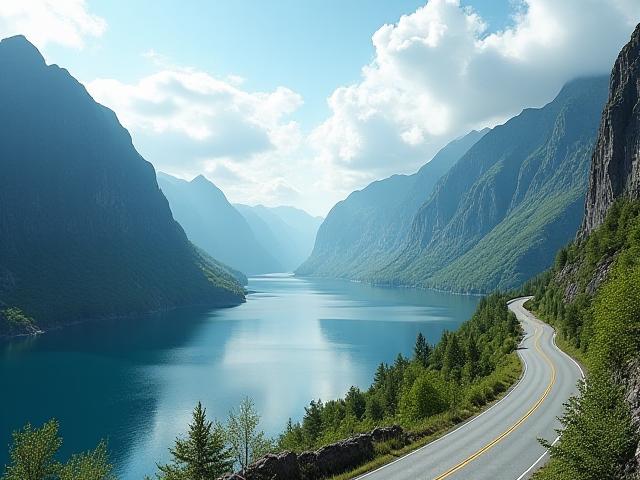 Bil kjører langs en norsk fjordvei, med majestetiske fjell i bakgrunnen