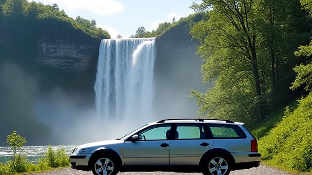 Romslig stasjonsvogn (f.eks. VW Passat) parkert ved et fossefall i Norge